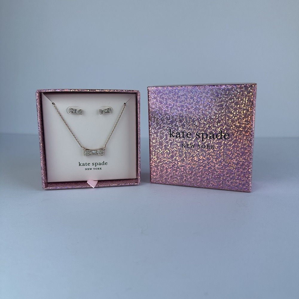 Kate Spade Ready Set Bow Pendant Necklace & Studs Earring Boxed Set Rose Gold - Picture 3 of 4